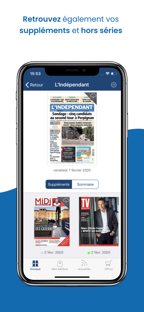 L'Indépendant Le Journal - 日刊新聞と雑誌の付録が表示されたLindependantアプリのデジタルキオスクインターフェース。