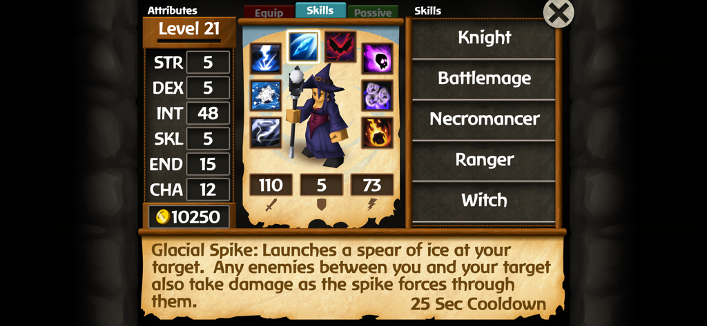 A character customization screen in Battleheart Legacy showing a level 21 witch with various magic skills and character attributes