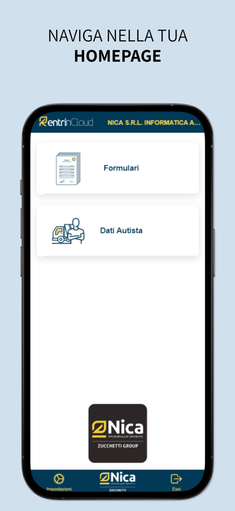 Rentri - Tela inicial do aplicativo Rentri com botões para formulários de resíduos e dados do motorista
