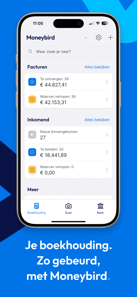 Moneybird app dashboard displaying a financial overview of invoices and incoming payments on a mobile device.