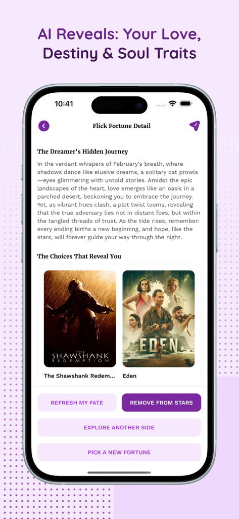 Bagga Calc: Flick Fortune Reel - Pantalla de smartphone que muestra una lectura de fortuna cinematográfica personalizada por IA con descripciones del destino y carteles de películas