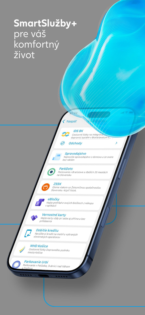 Tela do aplicativo CSOB SmartBanking exibindo uma lista de serviços inteligentes, incluindo estacionamento de transporte e notícias