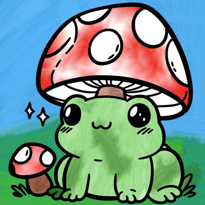 a cute frog with a mushroom hat