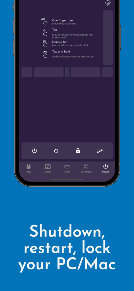 Remote for VLC app interface showing system power controls like shutdown restart and lock for PC and Mac