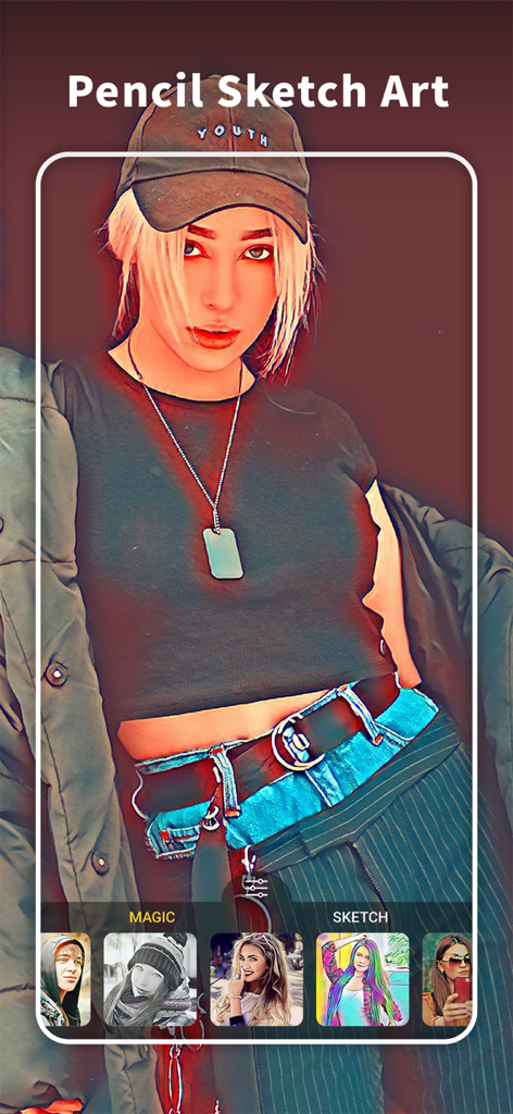 Interfaz de la app editor de fotos ArtistA mostrando un efecto de arte de boceto a lápiz en un retrato