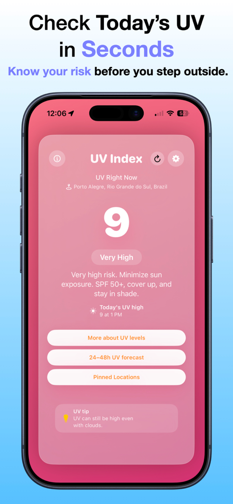 UV Index Today – UV Forecast - UV Index Today app interface showing a very high UV level of nine with sun protection advice