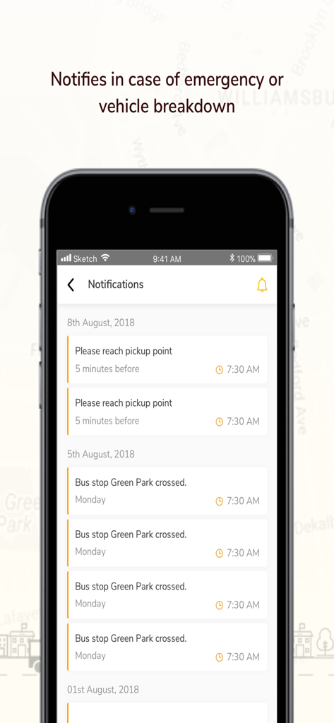 yellow.live - Smartphone screen of yellow.live app displaying real-time school bus tracking notifications and pickup point alerts.