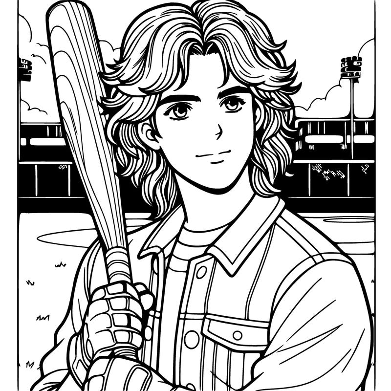 teenage realistic guy with long ish hair on a baseball field holding a baseball bat
