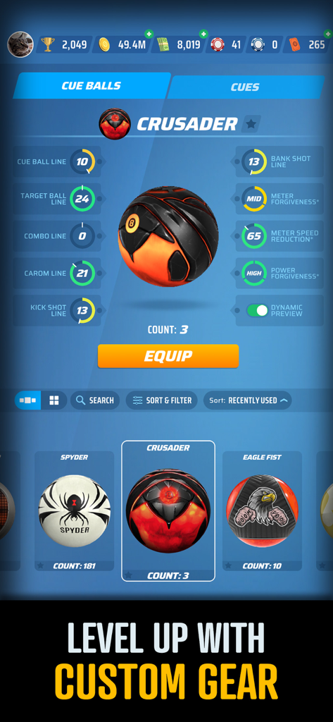 Custom cue ball gear menu in Ultimate 8 Ball Pool app