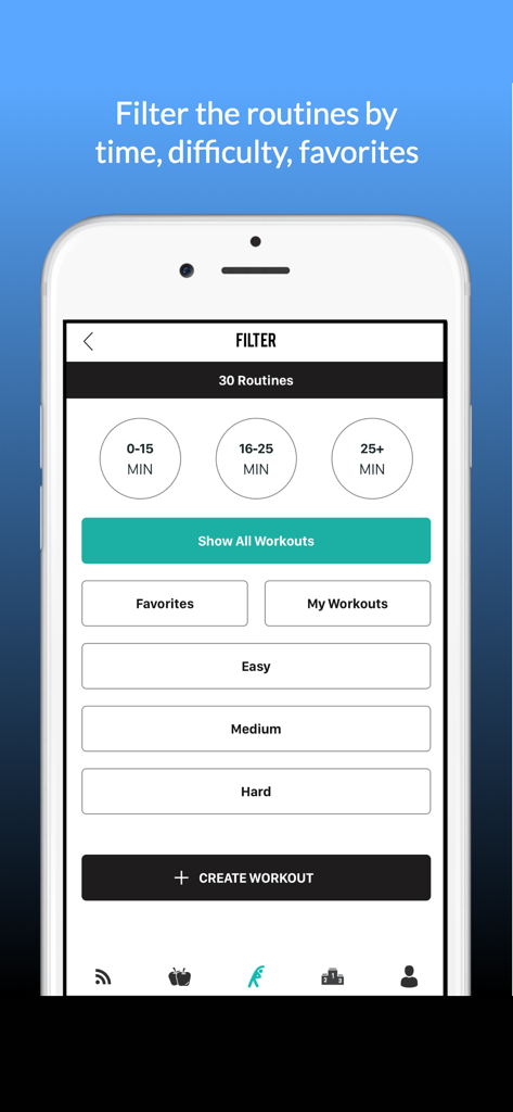 Plank - 30 Days of Challenge - 時間、難易度、お気に入りによってルーチンを選択するオプションが表示されるプランクアプリのワークアウトフィルター画面。