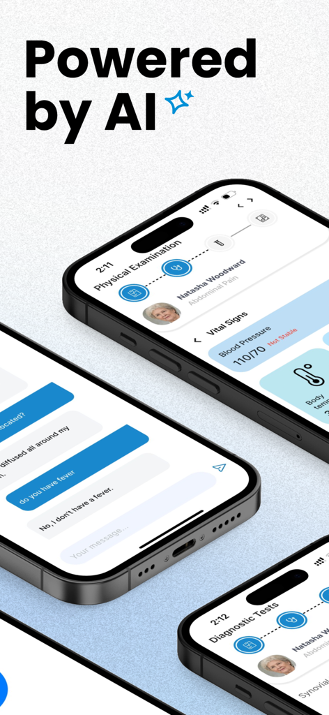 Curans | Virtual Patient Sim - Interface of Curans app showing AI-powered virtual patient simulation for physical examination and diagnostics.