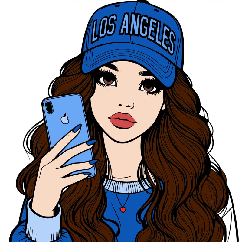 realistic beautiful girl wearing los ángeles cap holding an iphone