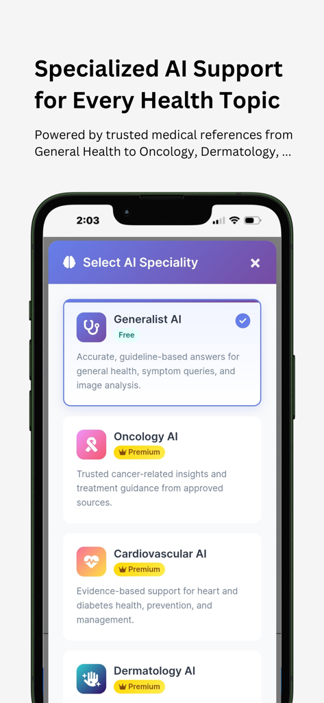 Chatdok - A mobile interface from Chatdok showing various specialized AI modules like Oncology Cardiology and Dermatology for targeted medical support