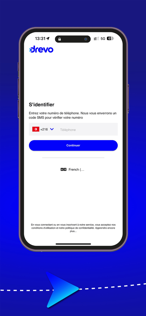 Tela de login do aplicativo de transporte Drevo mostrando o campo de verificação de número de telefone