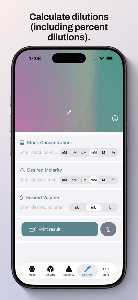 Lab Mate — Molarity & Dilution - ストック濃度と目的のモル濃度のフィールドが表示されている科学的希釈計算機のインターフェース