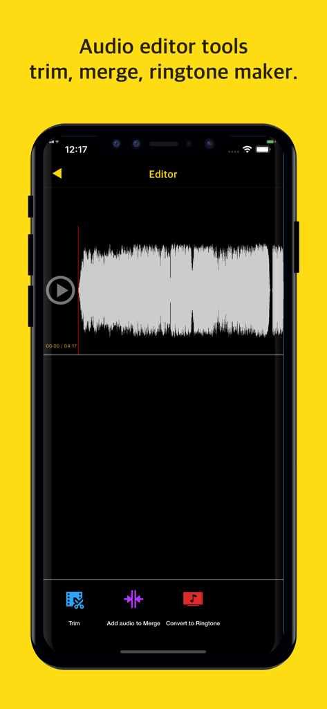 MusicMix - Play music offline - Interface of the MusicMix app audio editor showing a waveform with tools to trim, merge tracks, and create ringtones.