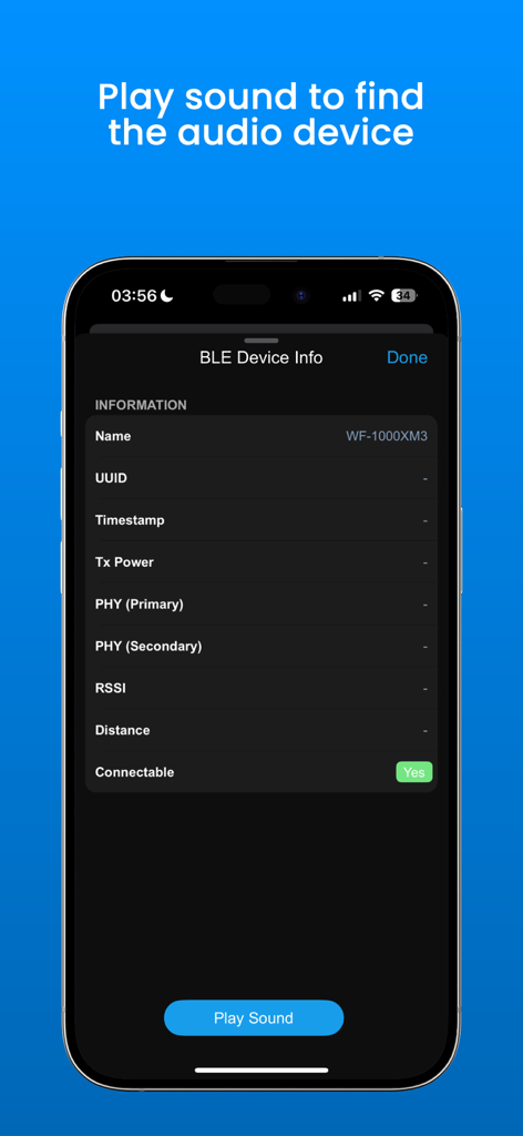 Bluetooth Scanner - BLE Finder - Detailed BLE device information screen with a play sound button to locate lost audio devices