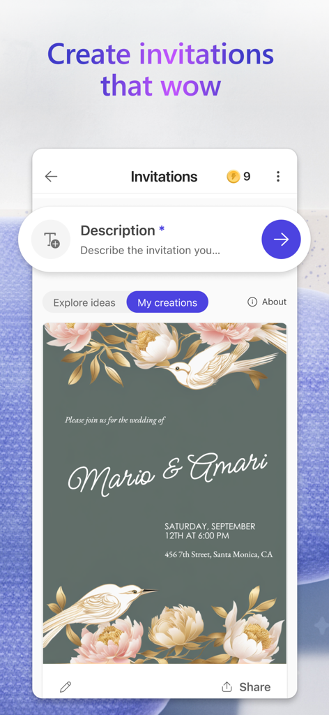 Interfaccia dell'app Microsoft Designer che mostra un invito di matrimonio generato dall'IA con illustrazioni floreali e di uccelli