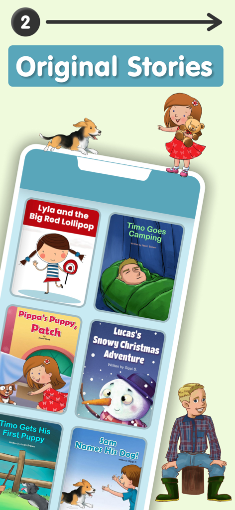 A library of original children stories within the Kindergarten Reading and Phonics app featuring various colorful book covers.