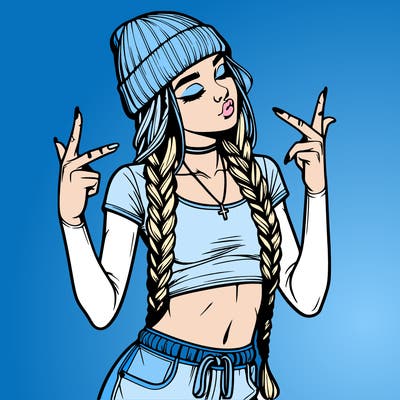 realistic teenage girl with braids and a beanie and crop top doing 🫶🏼