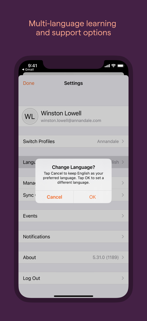 Zunos app settings interface showing multi-language learning and support options with a language change prompt.