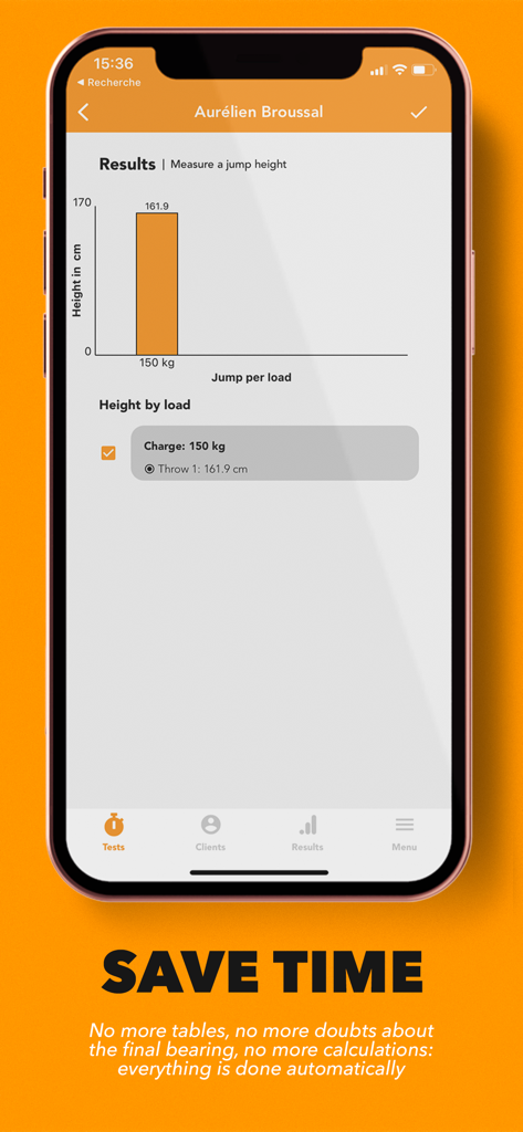 Un gráfico de barras en la aplicación Sport Science Test que muestra los resultados de la altura del salto basados en la carga de peso.