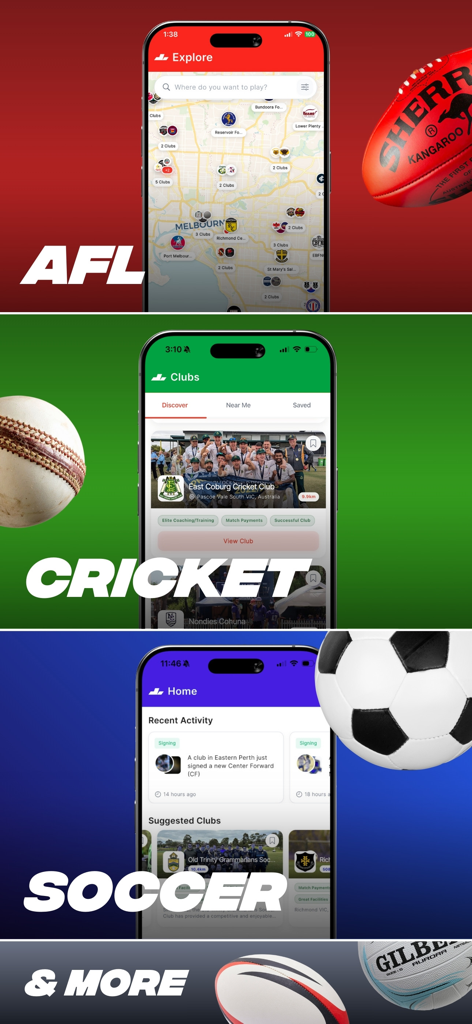 Capturas de tela do aplicativo Trainstop mostrando opções de recrutamento esportivo para AFL, críquete e futebol.