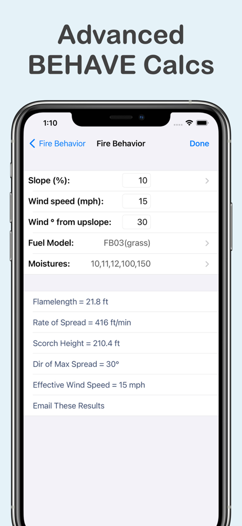 Wildland Toolkit - Advanced fire behavior calculator showing flame length and rate of spread metrics