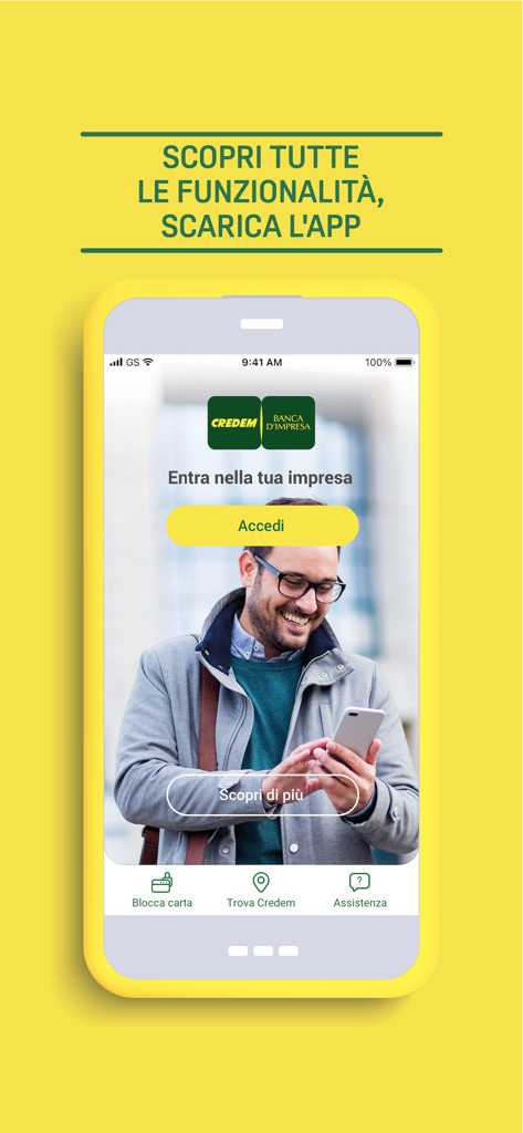 Credem Banca per imprese - Pantalla de inicio de sesión de la aplicación móvil Credem Banca per imprese que muestra a un hombre de negocios profesional usando un teléfono inteligente.