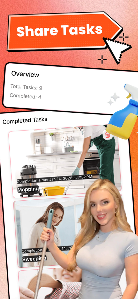 Funmets - Pantalla de la aplicación Funmets que muestra un resumen de las tareas del hogar completadas con verificación fotográfica