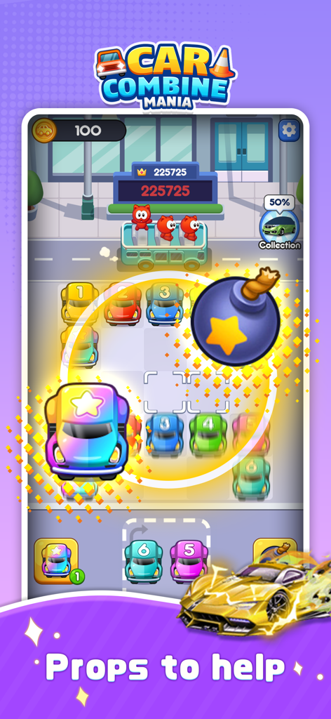 Car Combine Mania - Car Combine Mania gameplay showing a bomb power-up clearing a grid of colorful merged cars