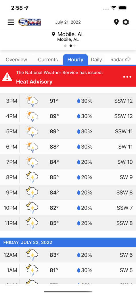 WKRG Weather - WKRG Weather app interface showing an hourly forecast for Mobile Alabama with a National Weather Service heat advisory alert.