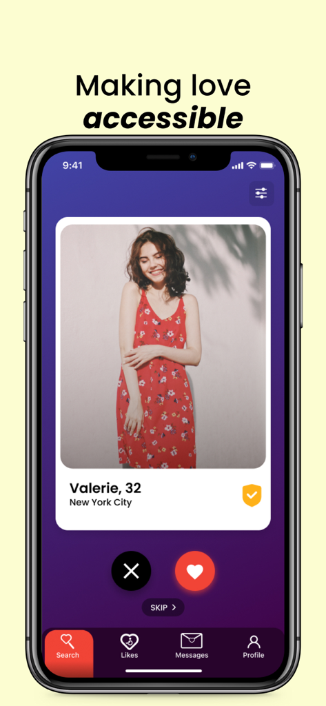 Dateability app interface showing a dating profile with the headline Making love accessible.