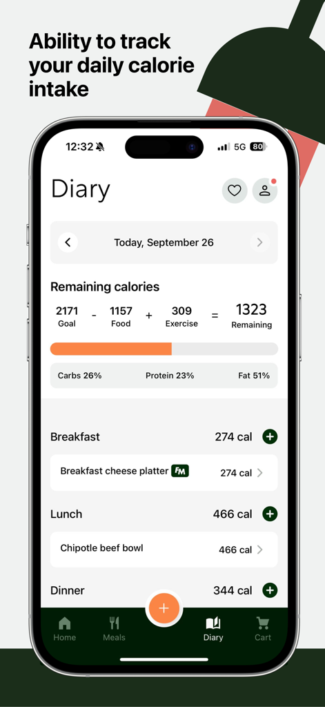 ForeverMore - healthy meals - Smartphone screen showing the ForeverMore app diary with daily calorie tracking macro breakdown and meal logs