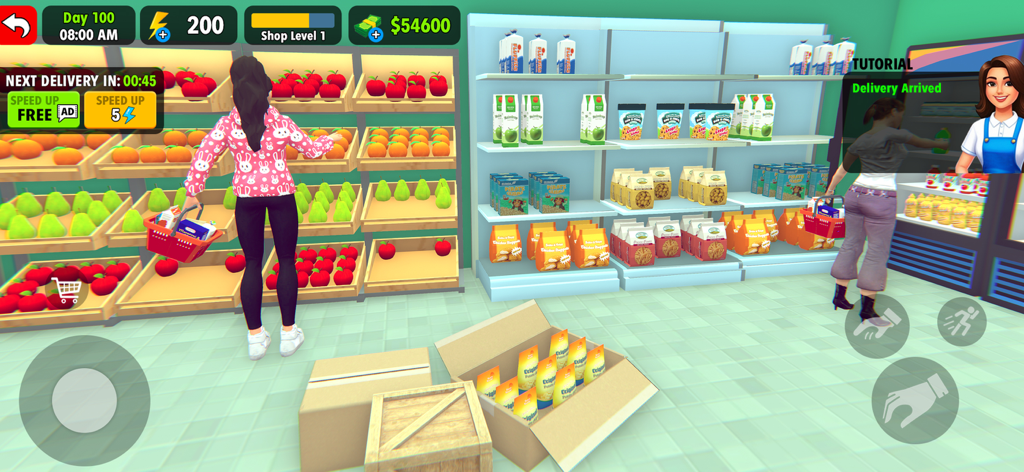 Gameplay of Supermarket Simulator Business showing characters restocking fruit shelves and managing inventory in a 3D grocery store environment