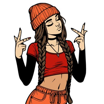 realistic teenage girl with braids and a beanie and crop top doing 🫶🏼