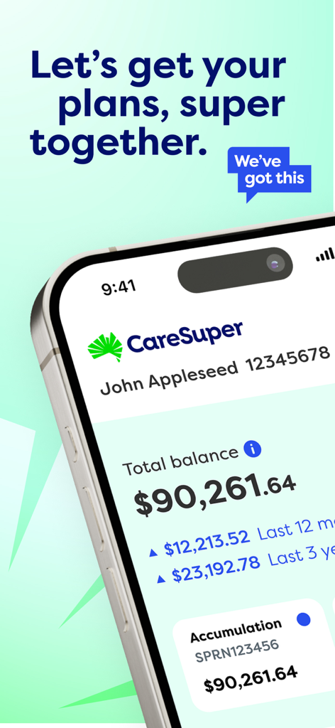 CareSuper mobile app dashboard displaying a total balance and accumulation account details