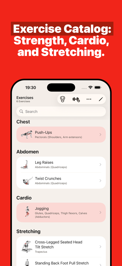 GymBook ・ Strength Training - GymBook app interface showing the exercise catalog with categories for strength cardio and stretching