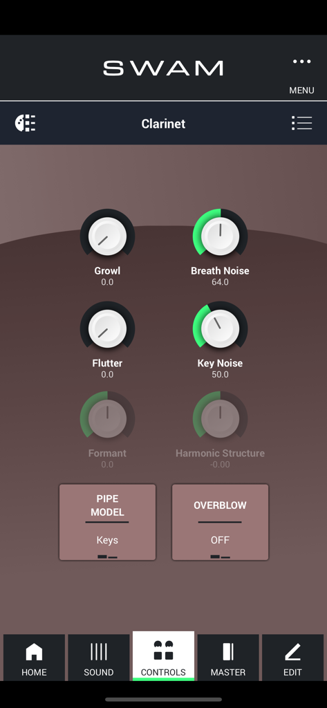 SWAM Clarinet - Interface of the SWAM Clarinet app showing sound control parameters like growl and breath noise