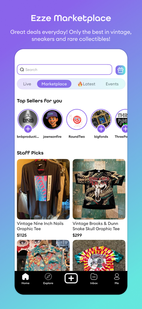 ezze: Stream, Shop & Socialize - Ezze marketplace interface displaying vintage t-shirts and top sellers
