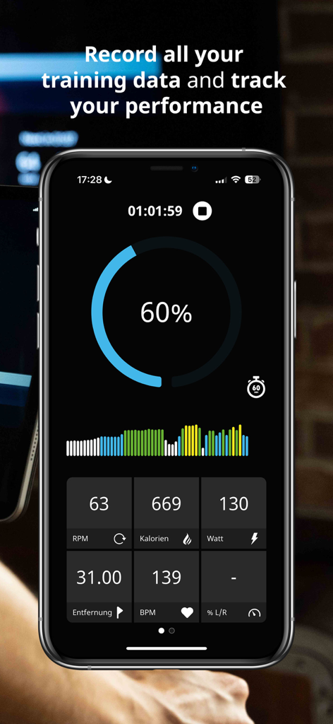 ICG Training - Interfaz de la aplicación ICG Training que muestra métricas de ciclismo en tiempo real como frecuencia cardíaca, potencia y calorías