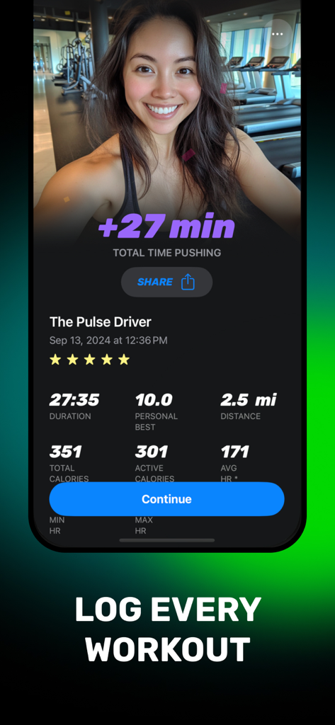 Treadmill Workout PushTraining - Mobile app interface showing treadmill workout stats like time calories and distance