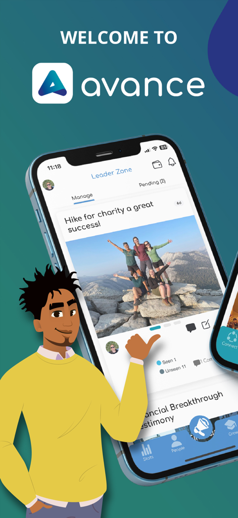 Avance - Avance church app interface showing community updates and leader management features