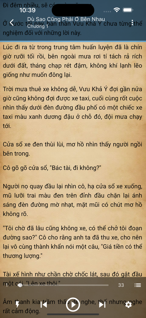 Audio Truyện -Đọc Nghe Kết Hợp - Vietnamese text novel reader interface with audio playback controls and parchment style background