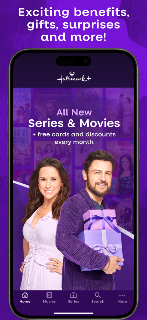 Hallmark Plus mobile app showing movies and membership rewards