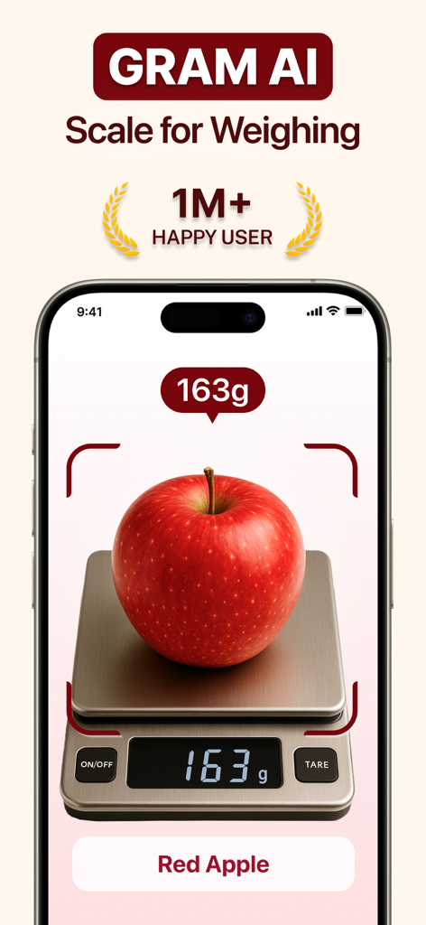 Scale for grams - weight scale - Interfaz de la aplicación Gram AI mostrando una báscula para una manzana roja y su peso en gramos.