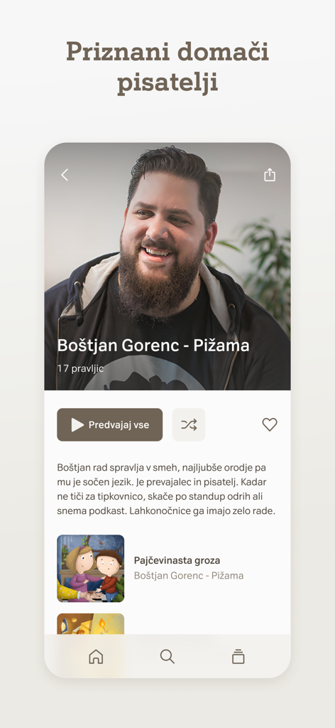 Lahkonočnice - Author profile screen in the Lahkonocnice app featuring a storyteller and his audio bedtime stories