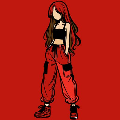 girl in baggy pants crop top and long hair