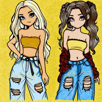 2 girls in crop tops and baggy jeans ripped