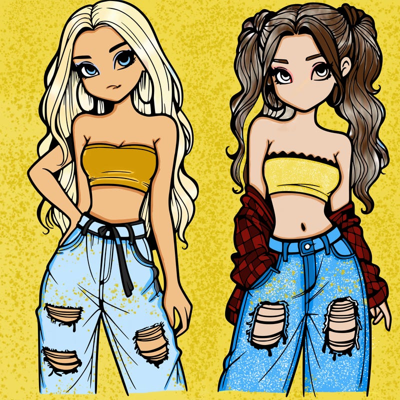 2 girls in crop tops and baggy jeans ripped
